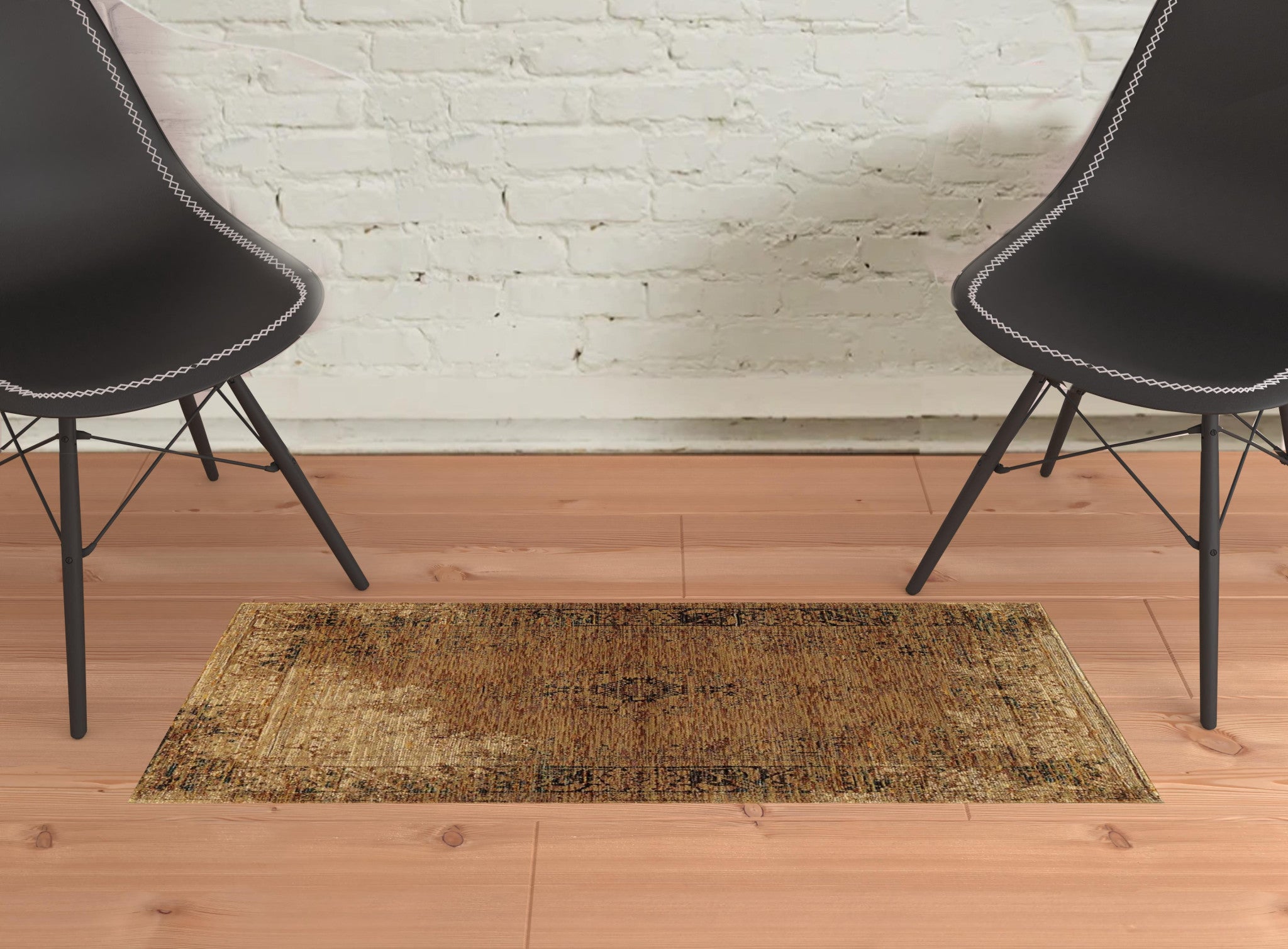 2' X 3' Gold And Brown Oriental Power Loom Stain Resistant Area Rug