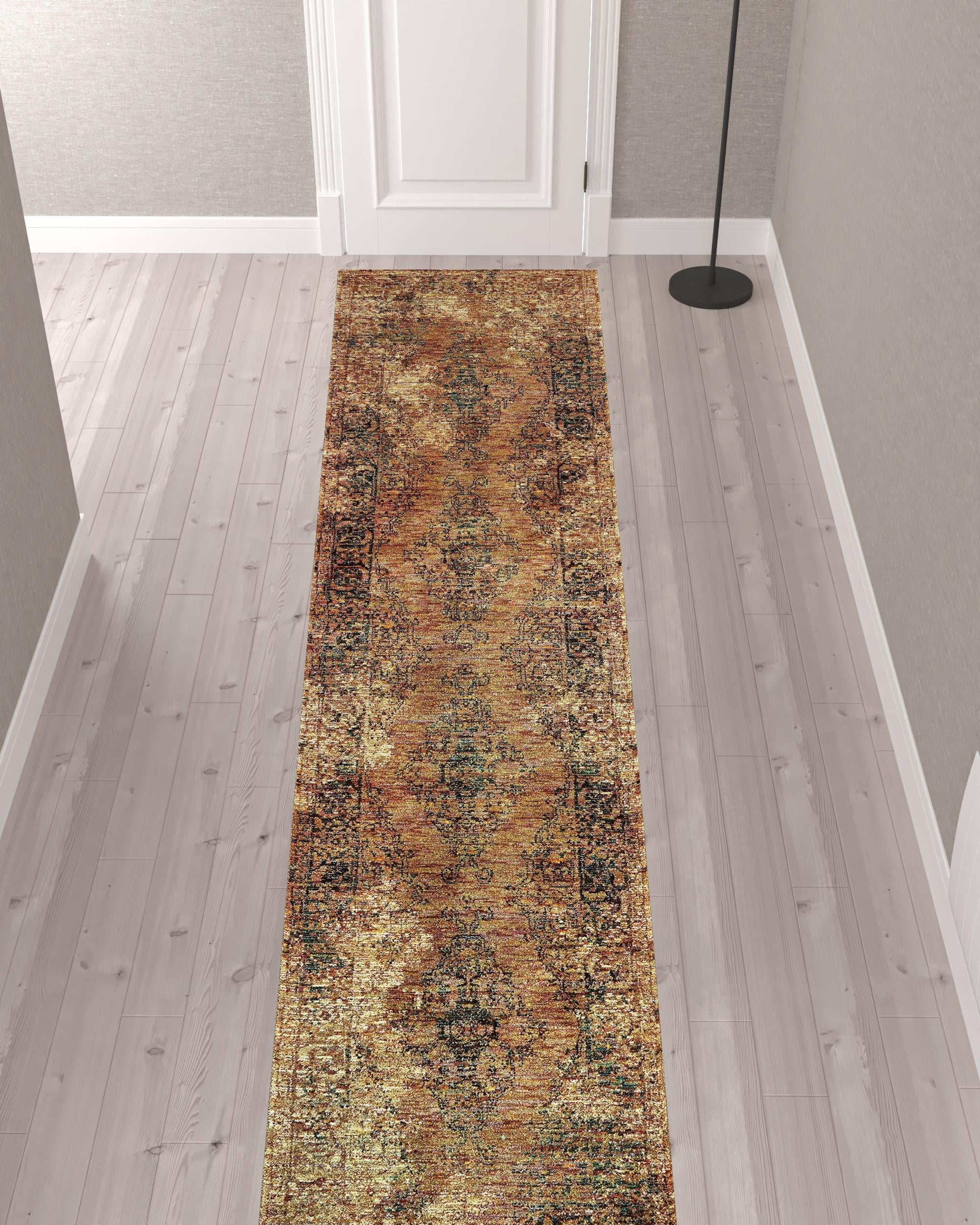 2' X 10' Gold And Brown Oriental Power Loom Stain Resistant Runner Rug