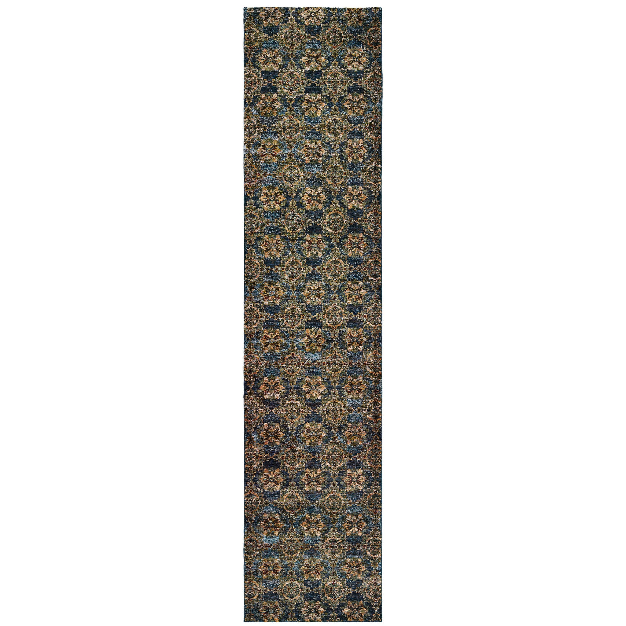 2' X 10' Blue And Gold Oriental Power Loom Stain Resistant Runner Rug