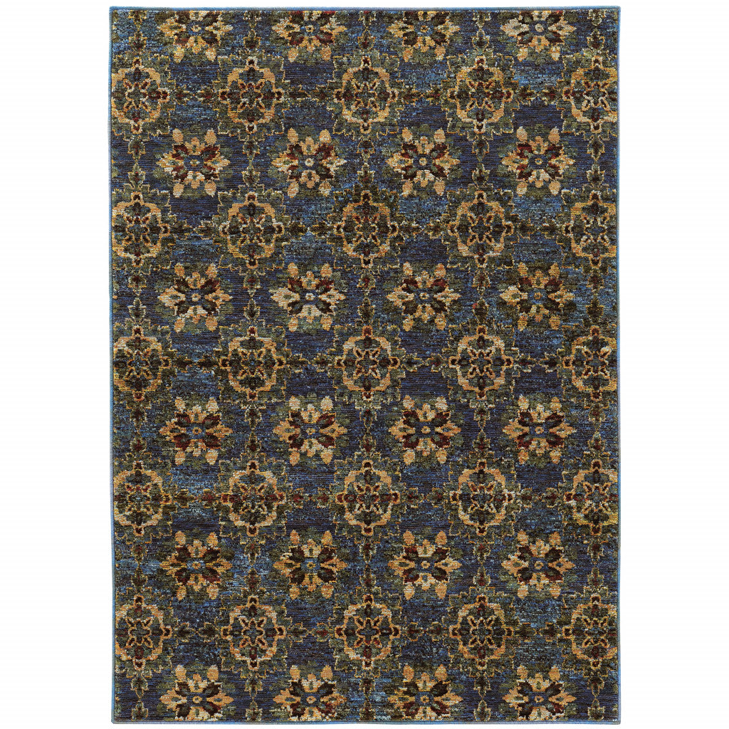 3' X 5' Blue And Gold Oriental Power Loom Stain Resistant Area Rug