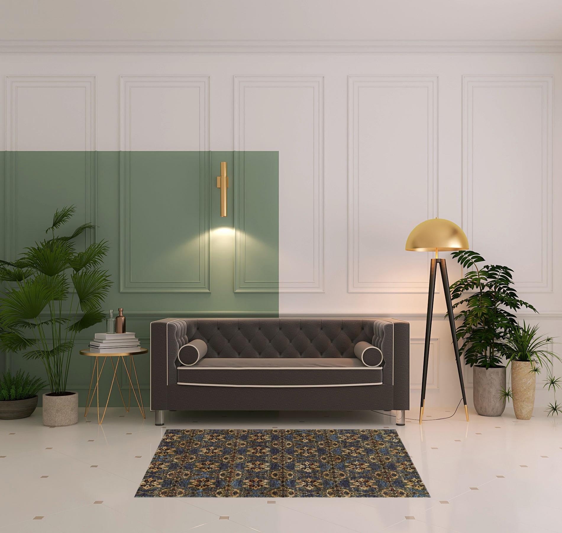 3' X 5' Blue And Gold Oriental Power Loom Stain Resistant Area Rug