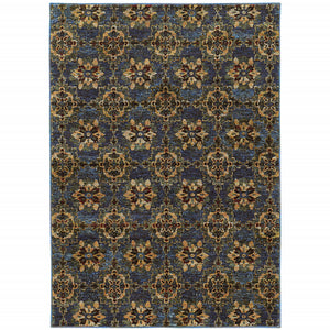 5' X 7' Blue And Gold Oriental Power Loom Stain Resistant Area Rug