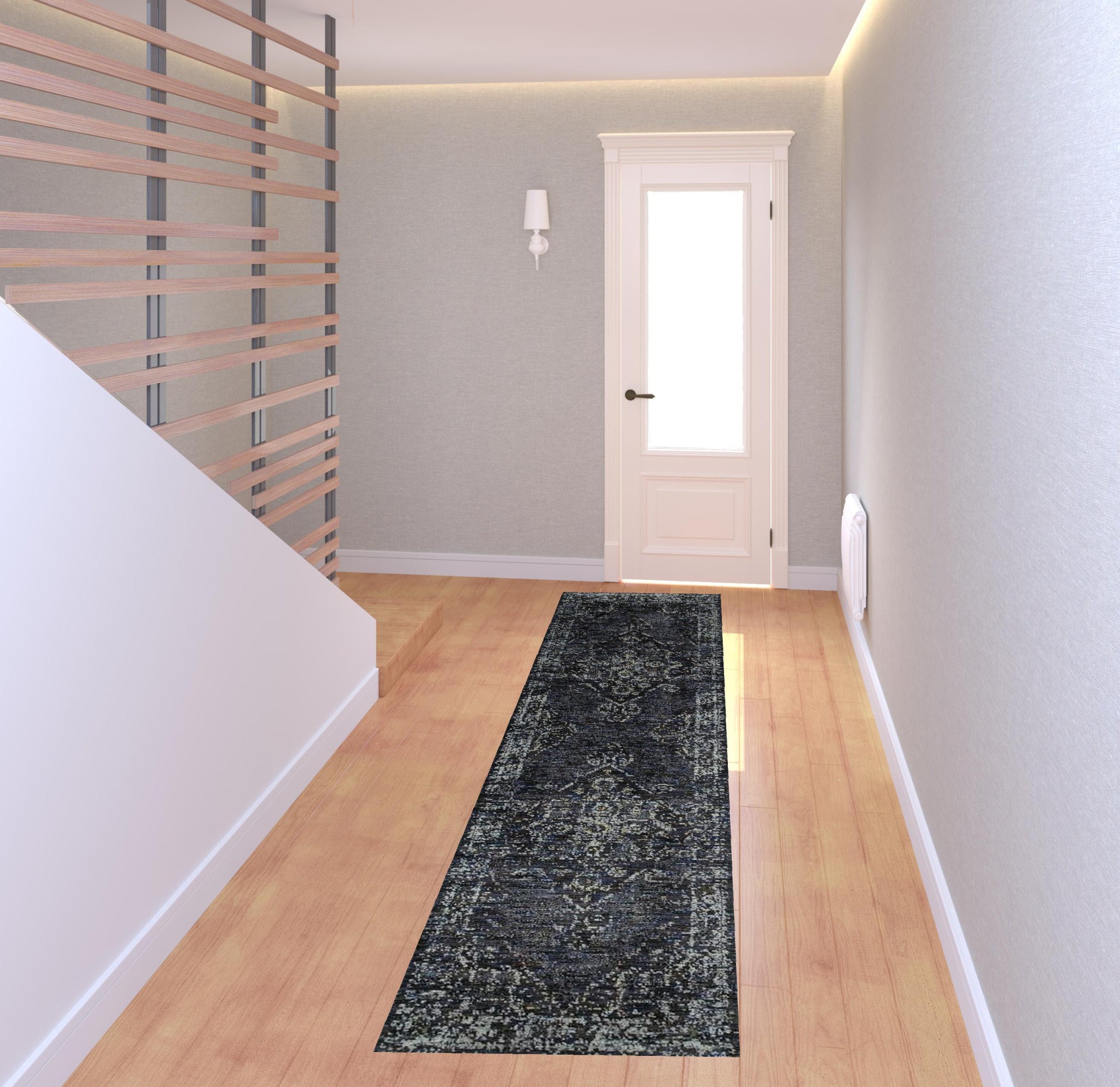 2' X 8' Blue And Brown Oriental Power Loom Stain Resistant Runner Rug