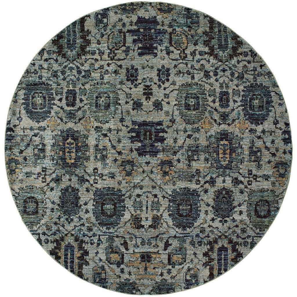 8' Blue And Navy Round Oriental Power Loom Stain Resistant Area Rug