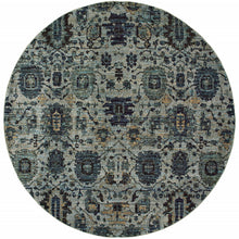 8' Blue And Navy Round Oriental Power Loom Stain Resistant Area Rug