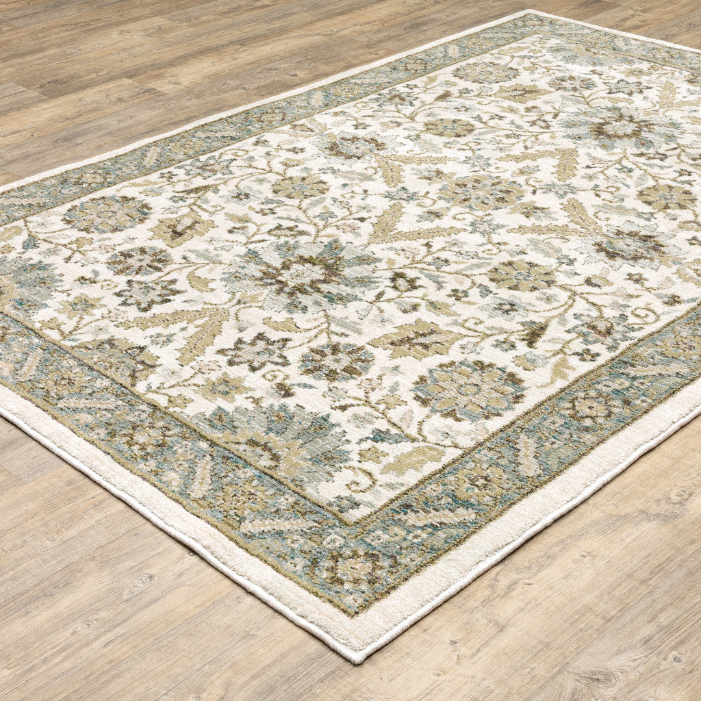 10' X 13' Stone Grey Ivory Green Brown Teal And Light Blue Oriental Power Loom Stain Resistant Area Rug