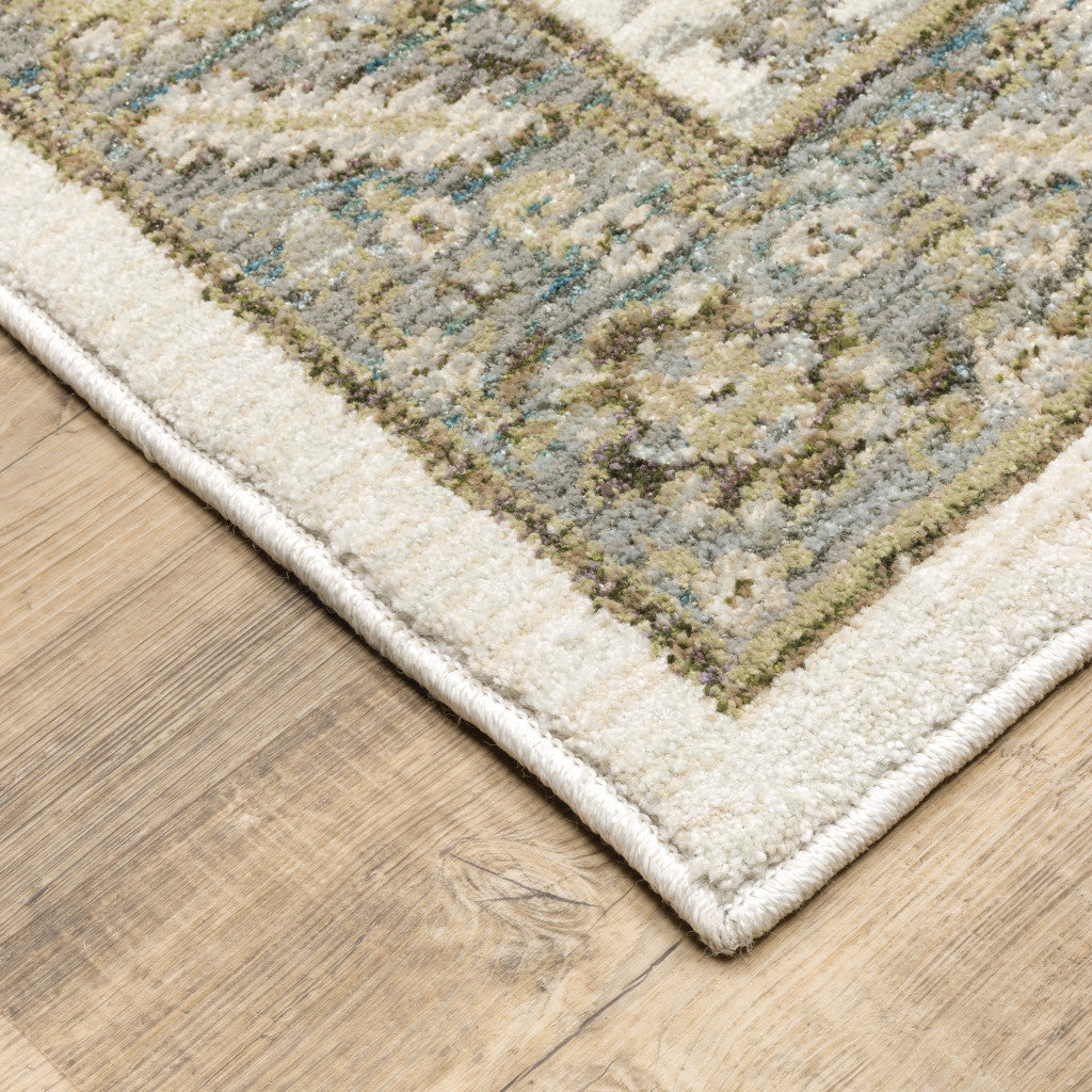 5' X 7' Stone Grey Ivory Green Brown Teal And Light Blue Oriental Power Loom Stain Resistant Area Rug