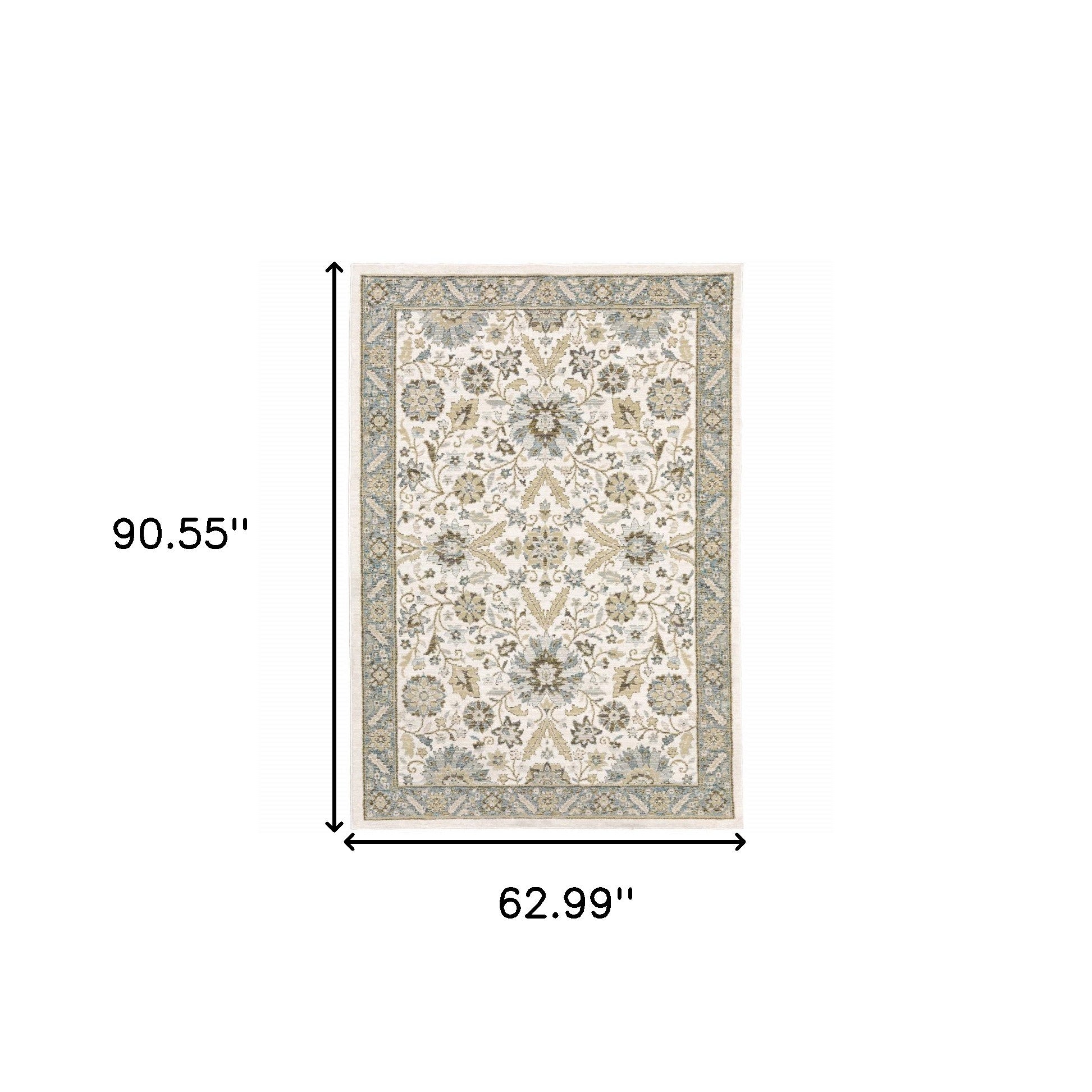 5' X 7' Stone Grey Ivory Green Brown Teal And Light Blue Oriental Power Loom Stain Resistant Area Rug