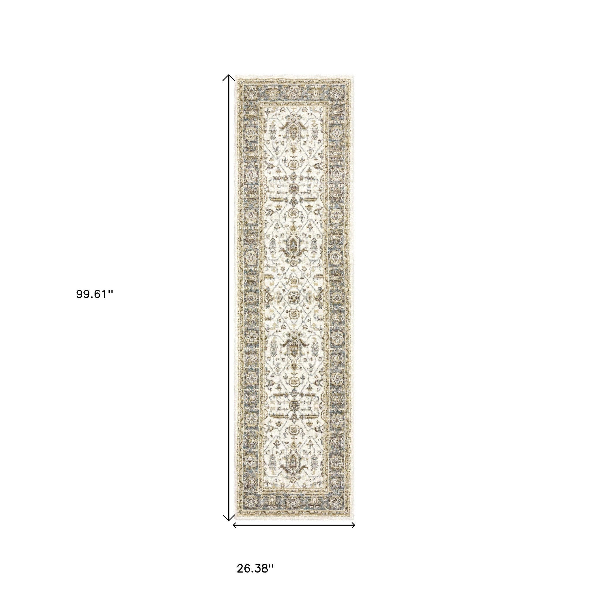 2' X 8' Ivory Grey And Blue Oriental Power Loom Stain Resistant Runner Rug