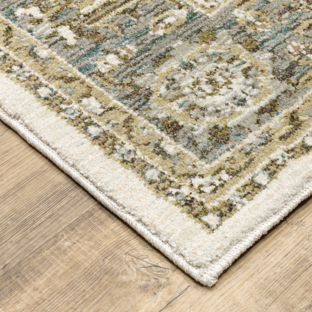 3' X 5' Ivory Grey And Blue Oriental Power Loom Stain Resistant Area Rug