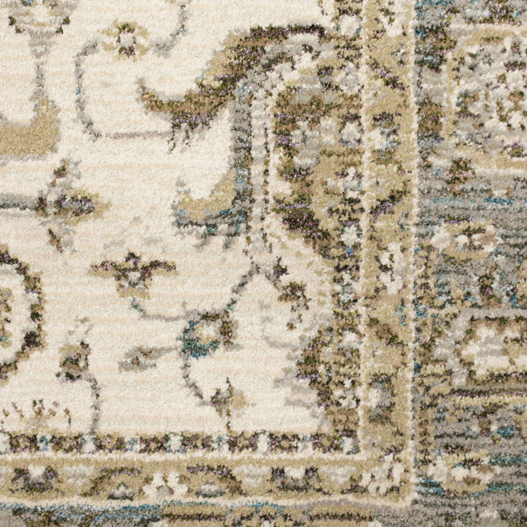 5' X 7' Ivory Grey And Blue Oriental Power Loom Stain Resistant Area Rug