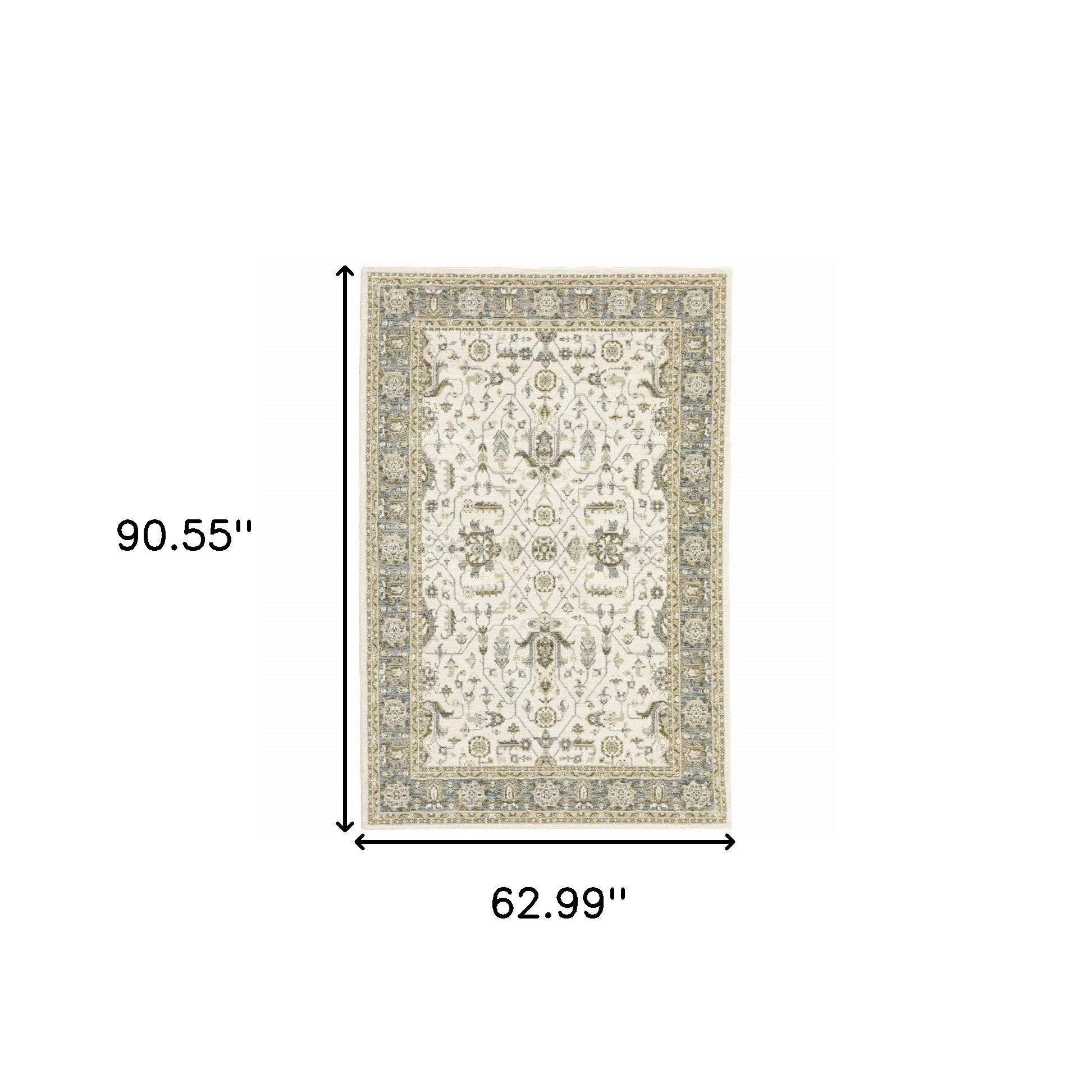 5' X 7' Ivory Grey And Blue Oriental Power Loom Stain Resistant Area Rug