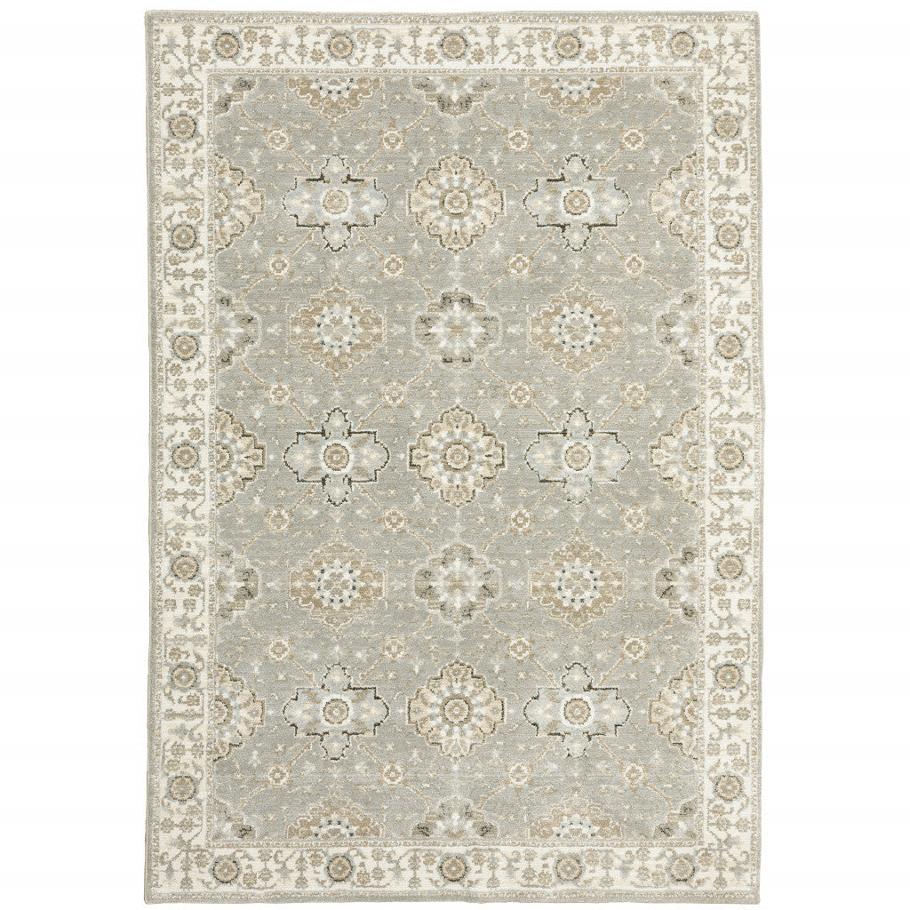 3' X 5' Grey Ivory Tan Brown And Gold Oriental Power Loom Stain Resistant Area Rug