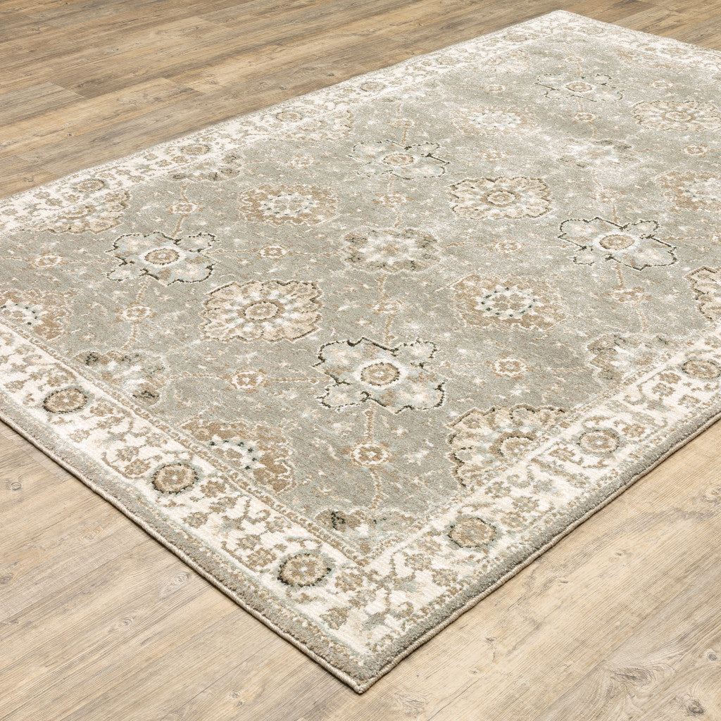 3' X 5' Grey Ivory Tan Brown And Gold Oriental Power Loom Stain Resistant Area Rug