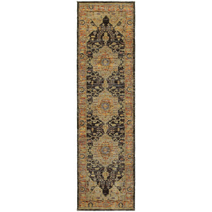 2' X 8' Gold Brown Grey Rust Green And Purple Oriental Power Loom Stain Resistant Runner Rug