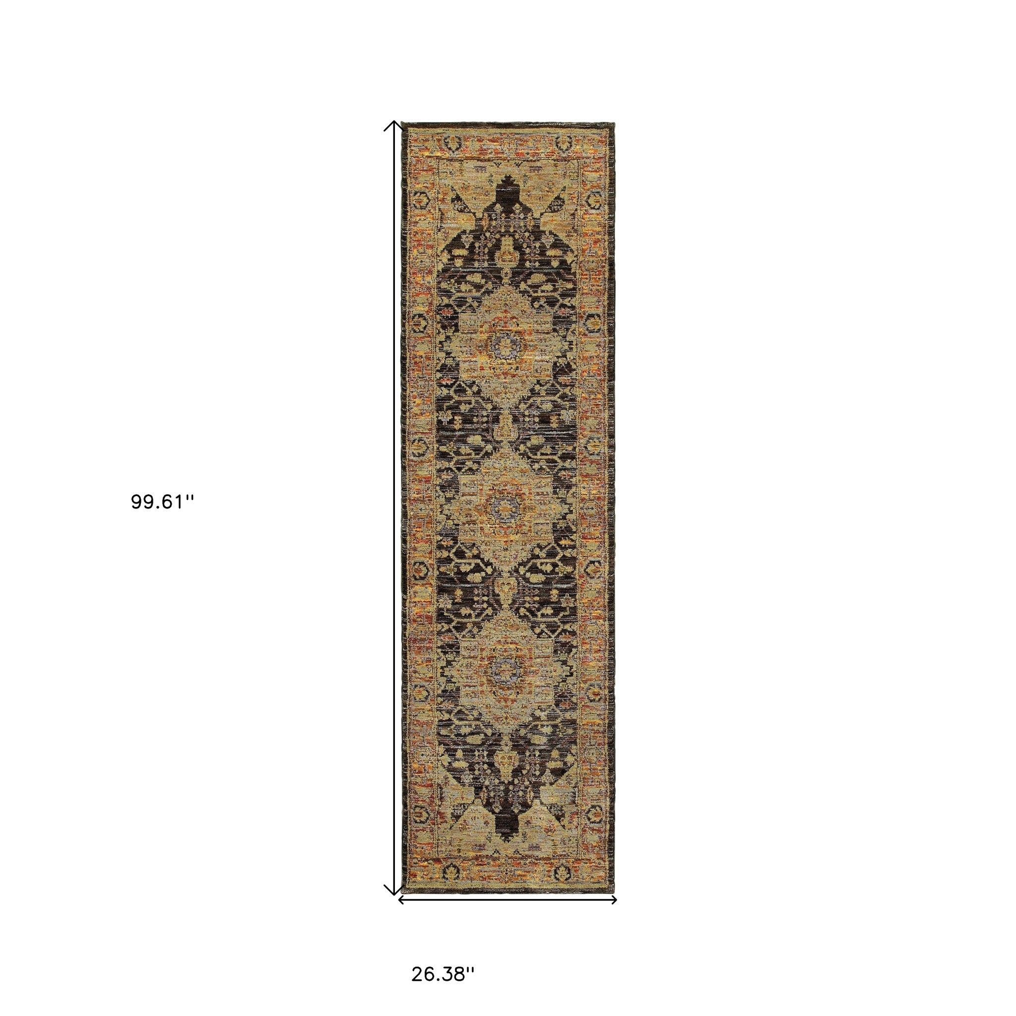 2' X 8' Gold Brown Grey Rust Green And Purple Oriental Power Loom Stain Resistant Runner Rug