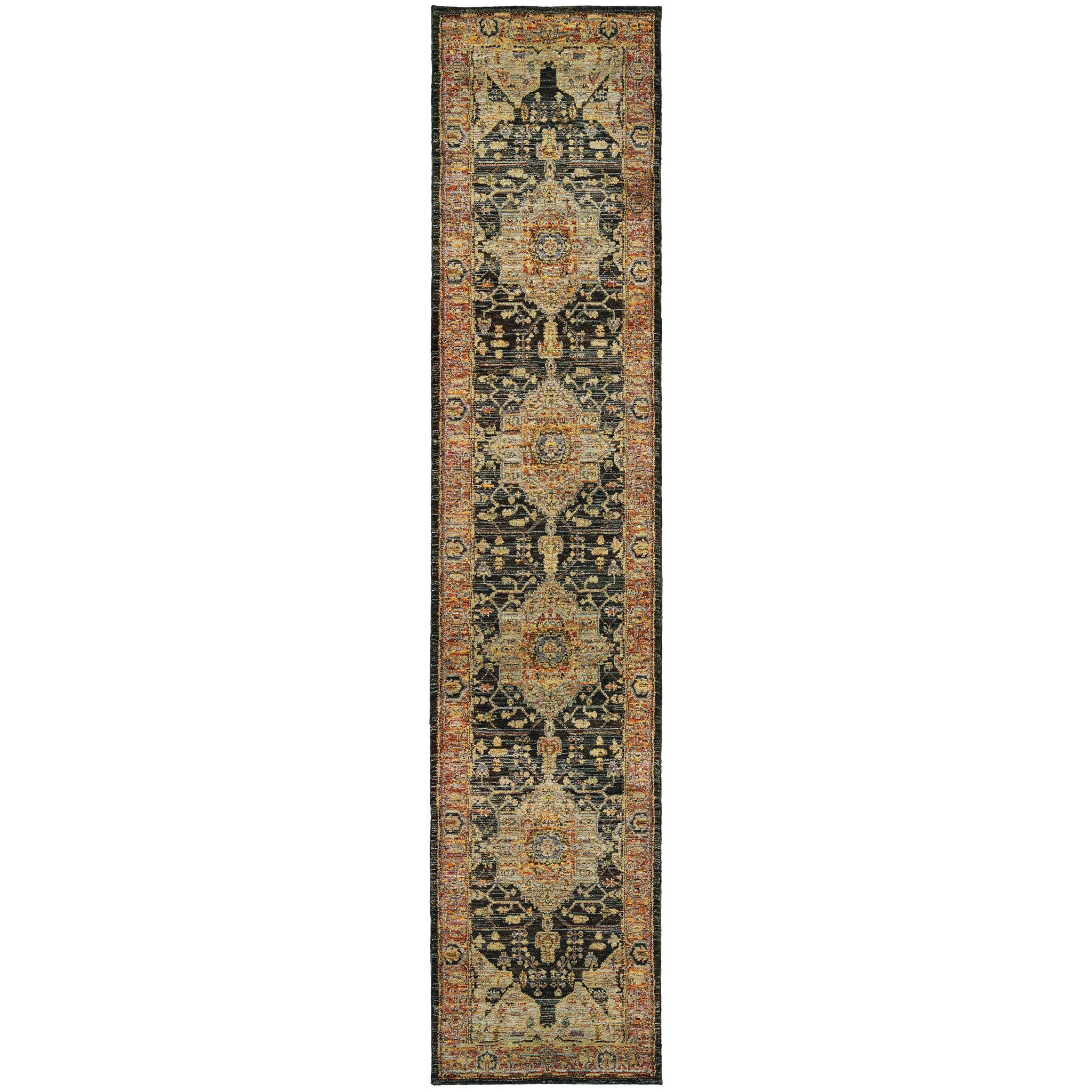 2' X 10' Gold And Black Oriental Power Loom Runner Rug