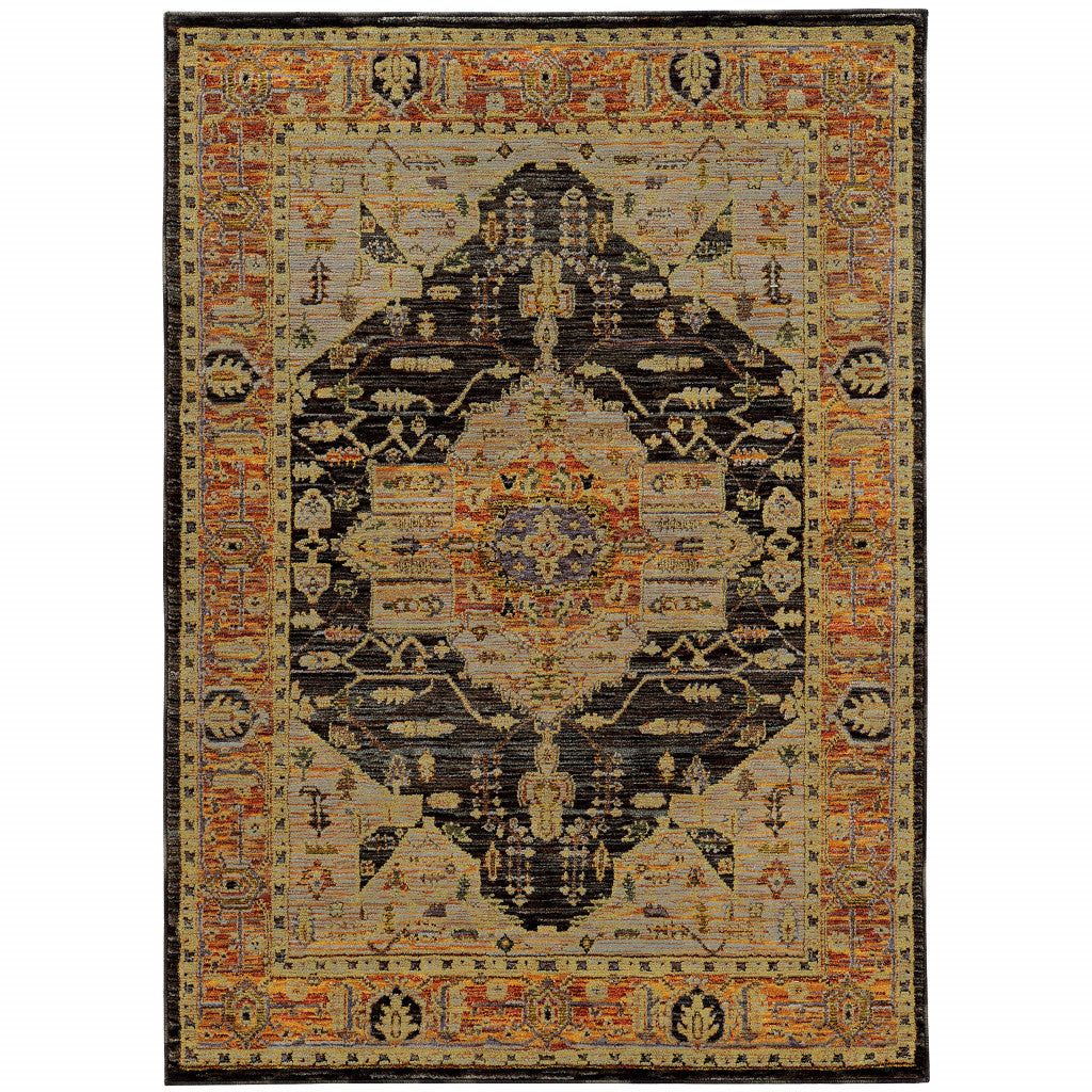 3' X 5' Gold Brown Grey Rust Green And Purple Oriental Power Loom Stain Resistant Area Rug