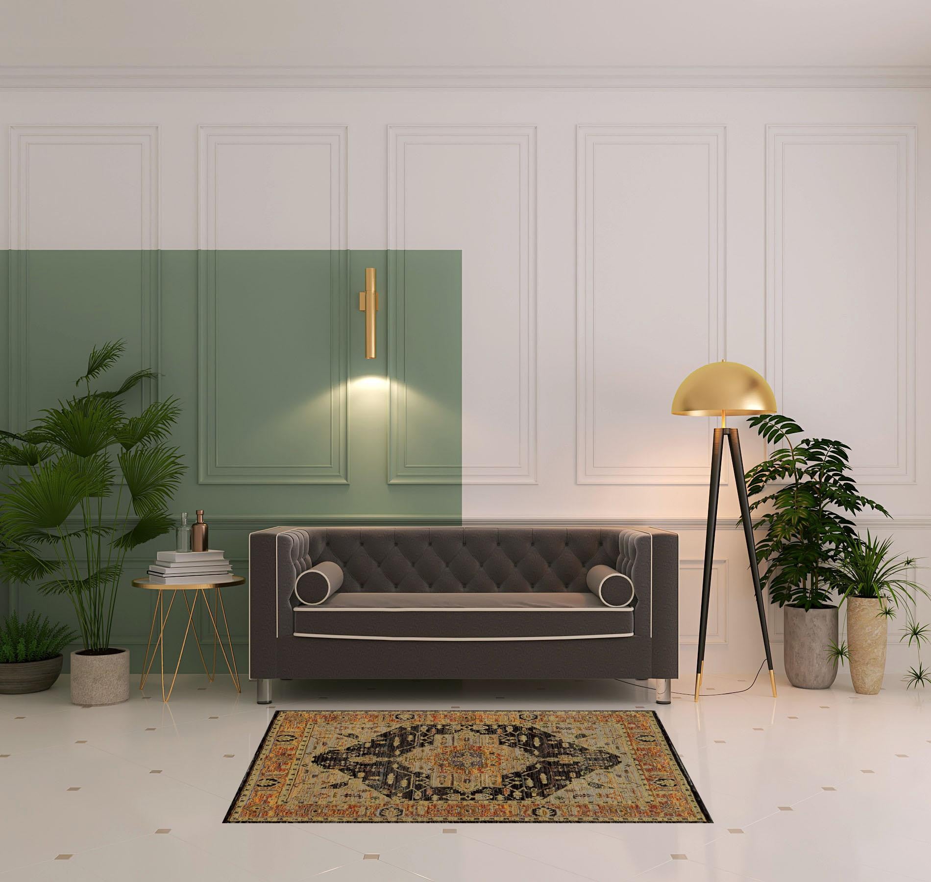 3' X 5' Gold Brown Grey Rust Green And Purple Oriental Power Loom Stain Resistant Area Rug