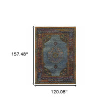 10' X 13' Blue Gold Green Red Orange And Purple Oriental Power Loom Stain Resistant Area Rug