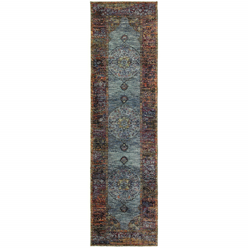 2' X 8' Blue Gold Green Red Orange And Purple Oriental Power Loom Stain Resistant Runner Rug