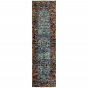 2' X 8' Blue Gold Green Red Orange And Purple Oriental Power Loom Stain Resistant Runner Rug