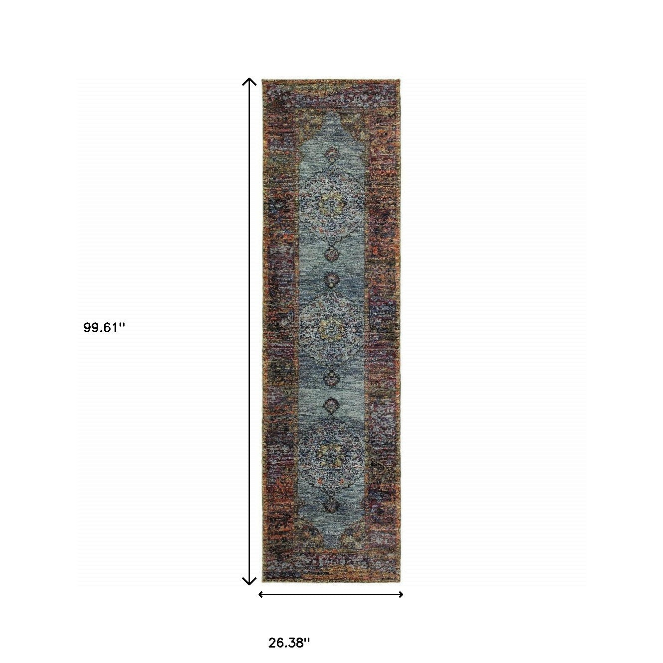 2' X 8' Blue Gold Green Red Orange And Purple Oriental Power Loom Stain Resistant Runner Rug