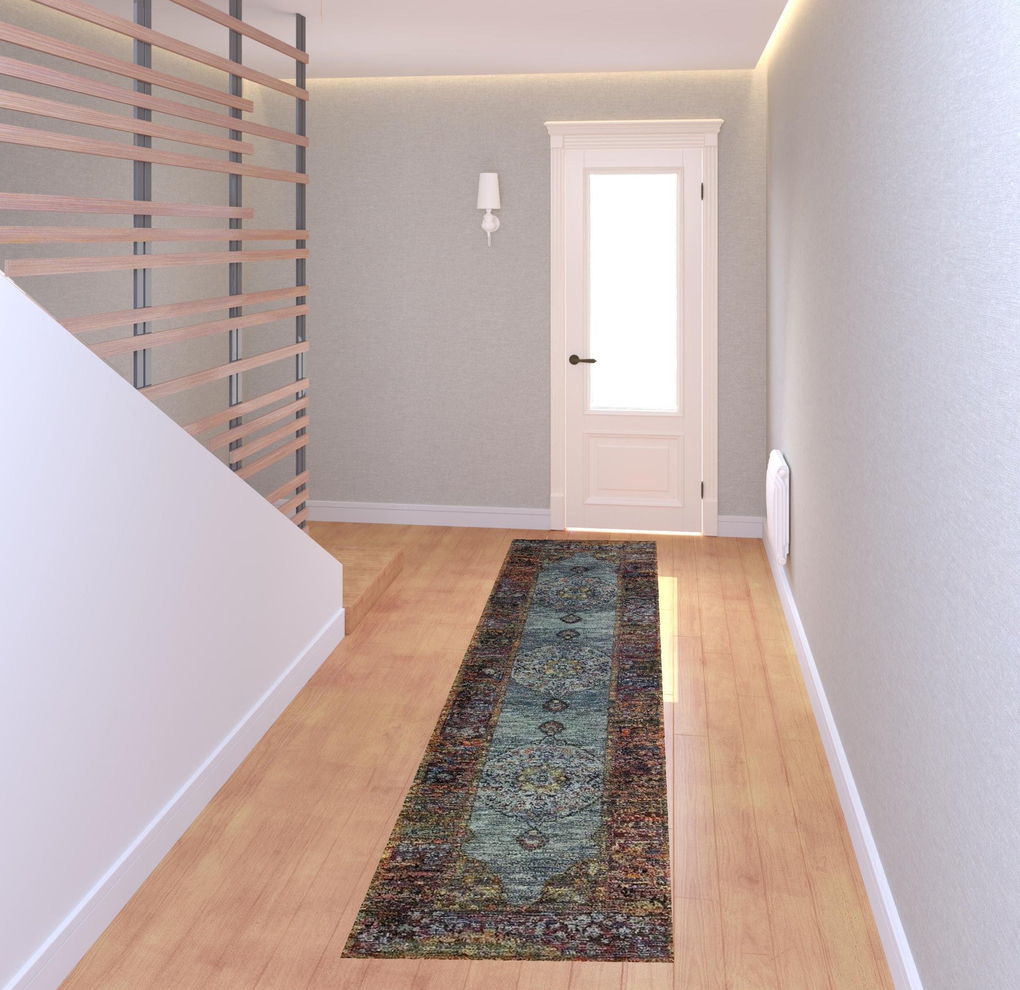 2' X 8' Blue Gold Green Red Orange And Purple Oriental Power Loom Stain Resistant Runner Rug