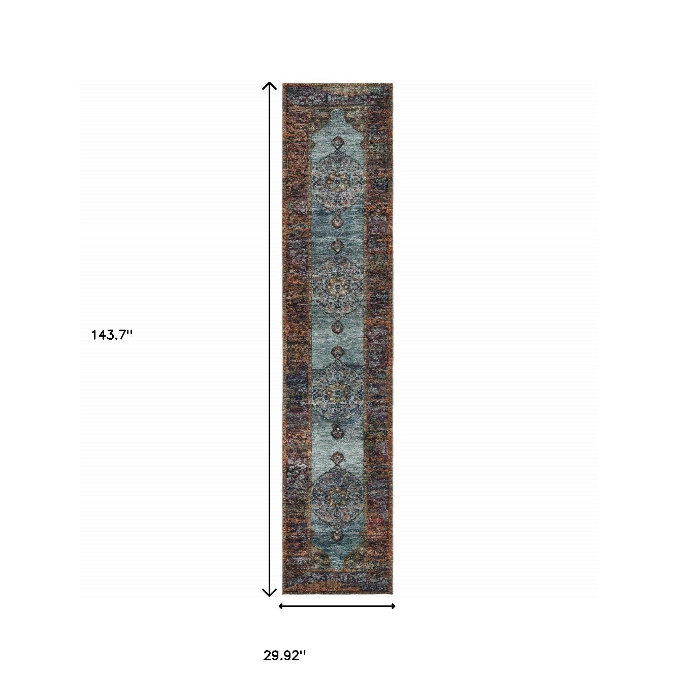 2' X 10' Blue And Red Oriental Power Loom Runner Rug