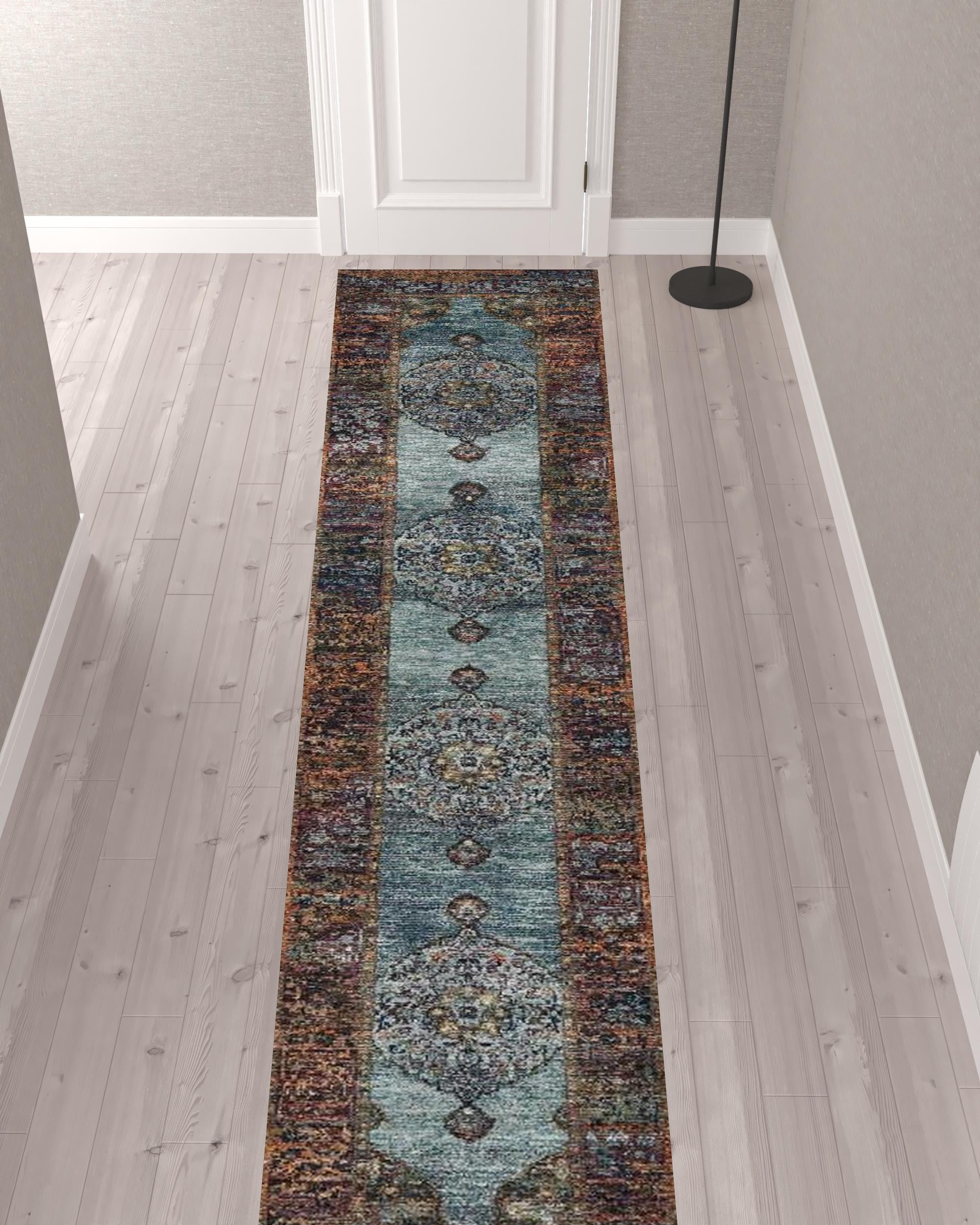 2' X 10' Blue And Red Oriental Power Loom Runner Rug
