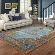 8' X 10' Blue Gold Green Red Orange And Purple Oriental Power Loom Stain Resistant Area Rug