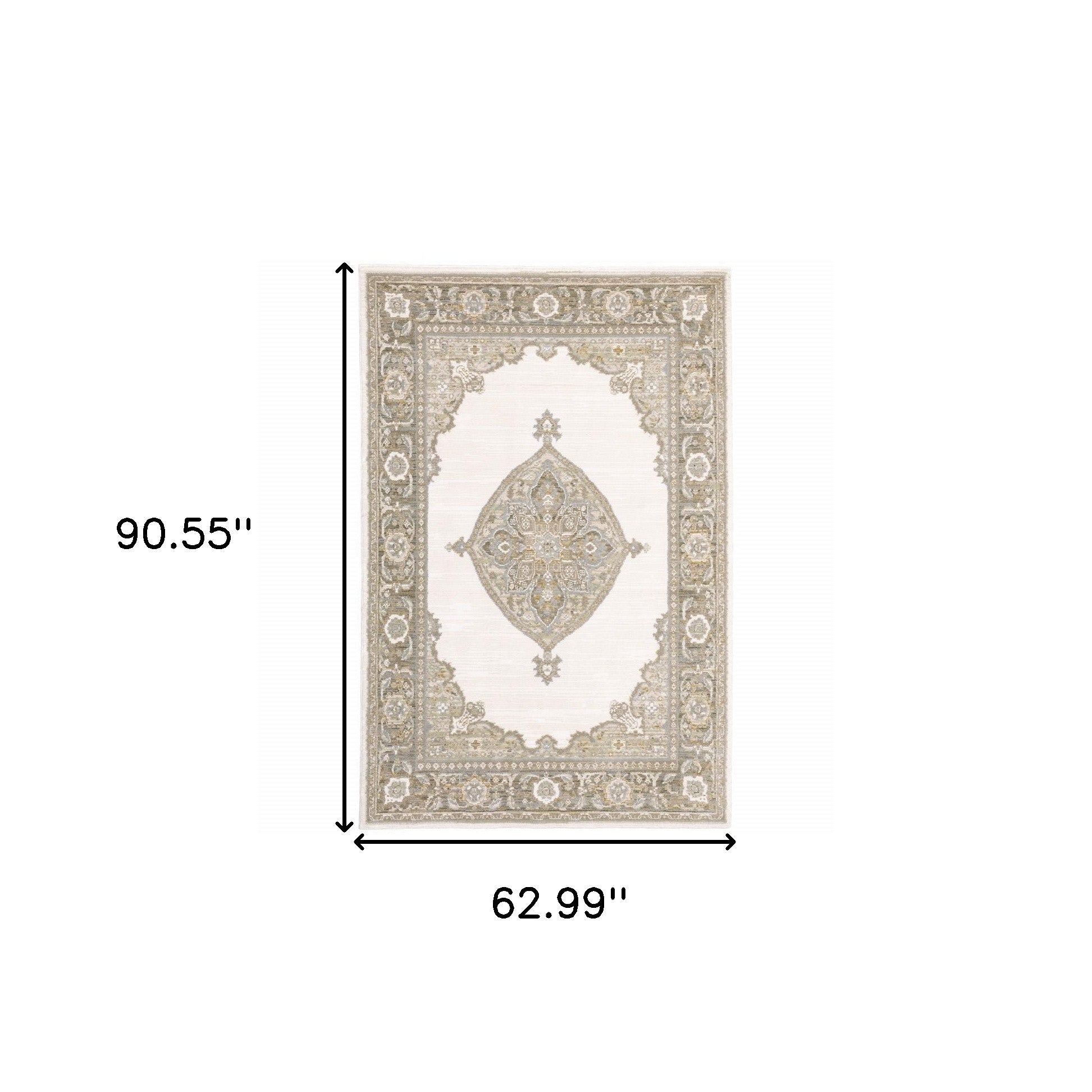 5' X 7' Beige Ivory Tan Gold Grey And Green Oriental Power Loom Stain Resistant Area Rug