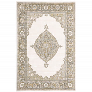 8' X 10' Beige Ivory Tan Gold Grey And Green Oriental Power Loom Stain Resistant Area Rug