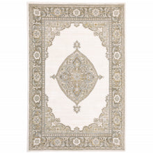 9' X 12' Beige Ivory Tan Gold Grey And Green Oriental Power Loom Stain Resistant Area Rug