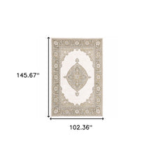 9' X 12' Beige Ivory Tan Gold Grey And Green Oriental Power Loom Stain Resistant Area Rug