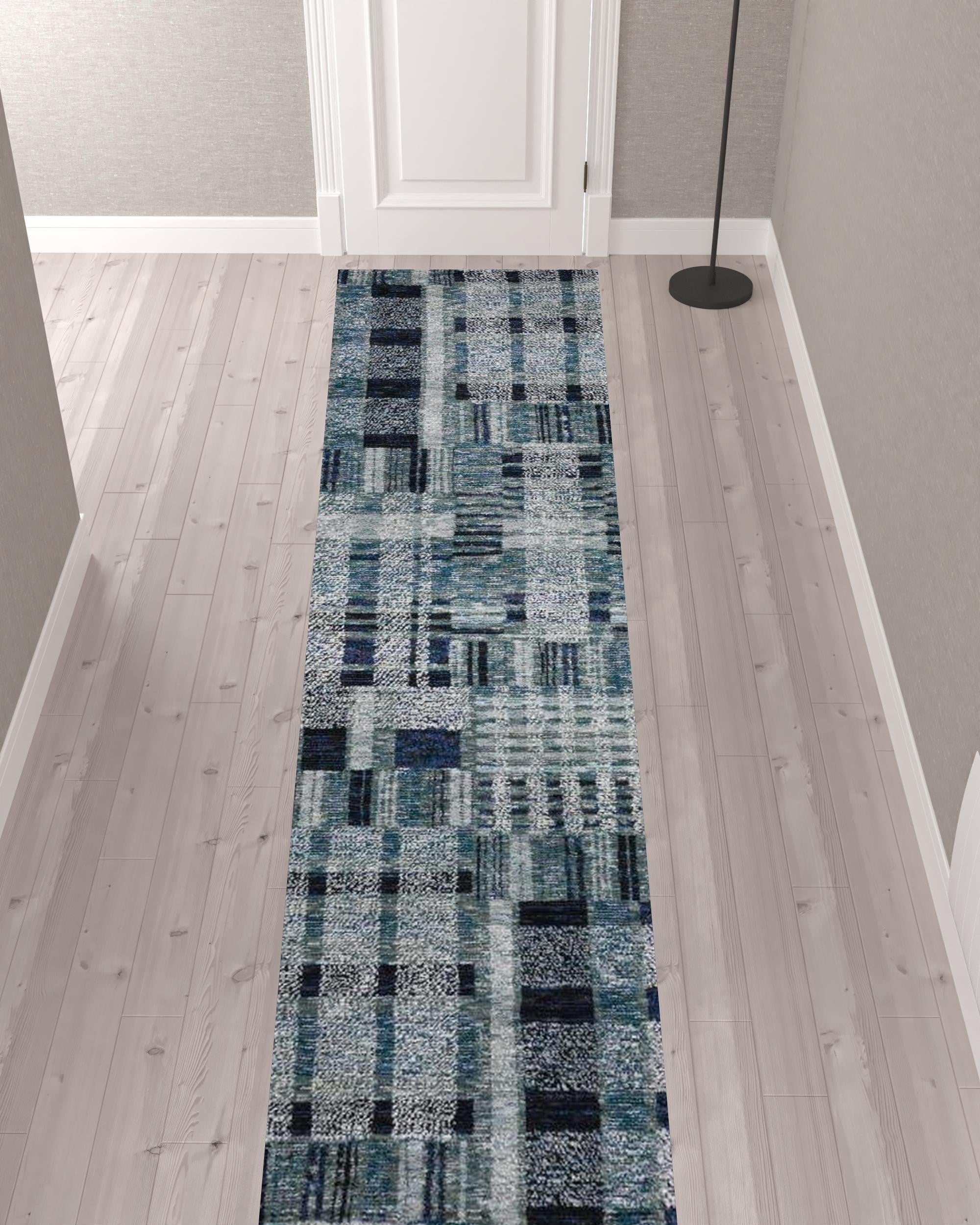 2' X 10' Blue Geometric Power Loom Stain Resistant Runner Rug