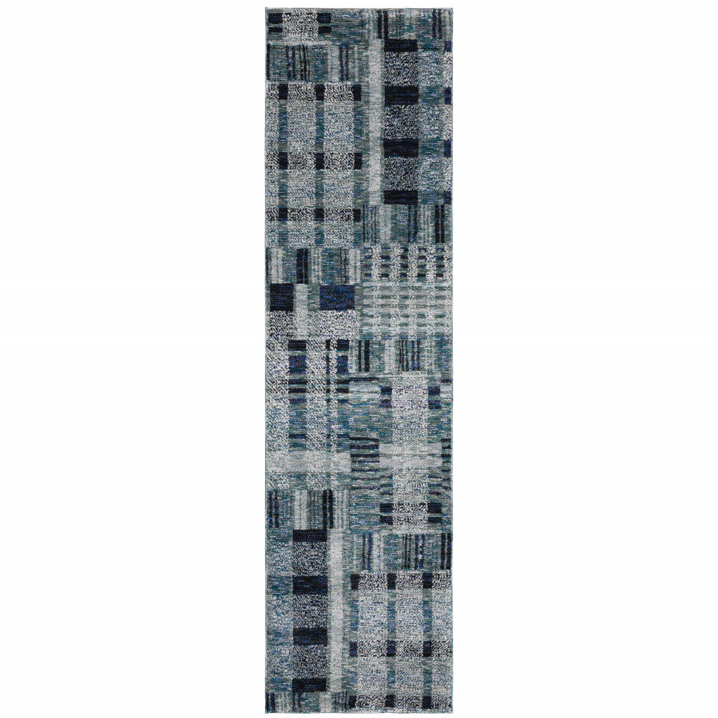 2' X 10' Blue Geometric Power Loom Stain Resistant Runner Rug