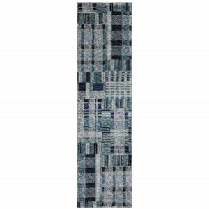 2' X 10' Blue Geometric Power Loom Stain Resistant Runner Rug