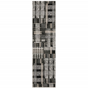 2' X 10' Black Grey And Ivory Geometric Power Loom Stain Resistant Runner Rug