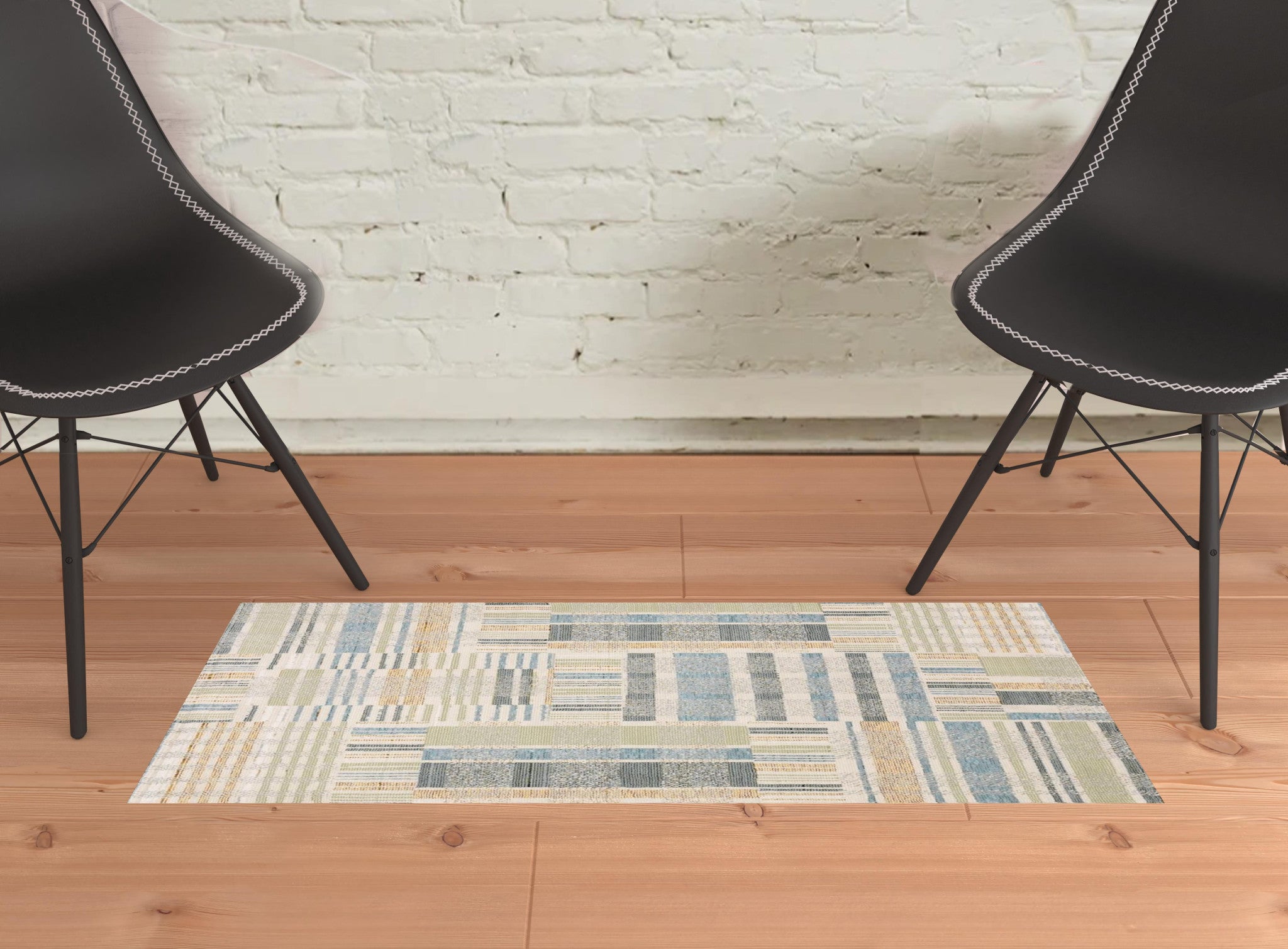 2' X 3' Green Grey And Ivory Geometric Power Loom Stain Resistant Area Rug