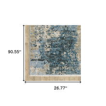 2' X 8' Blue Grey Ivory Light Blue And Dark Blue Abstract Power Loom Stain Resistant Runner Rug With Fringe