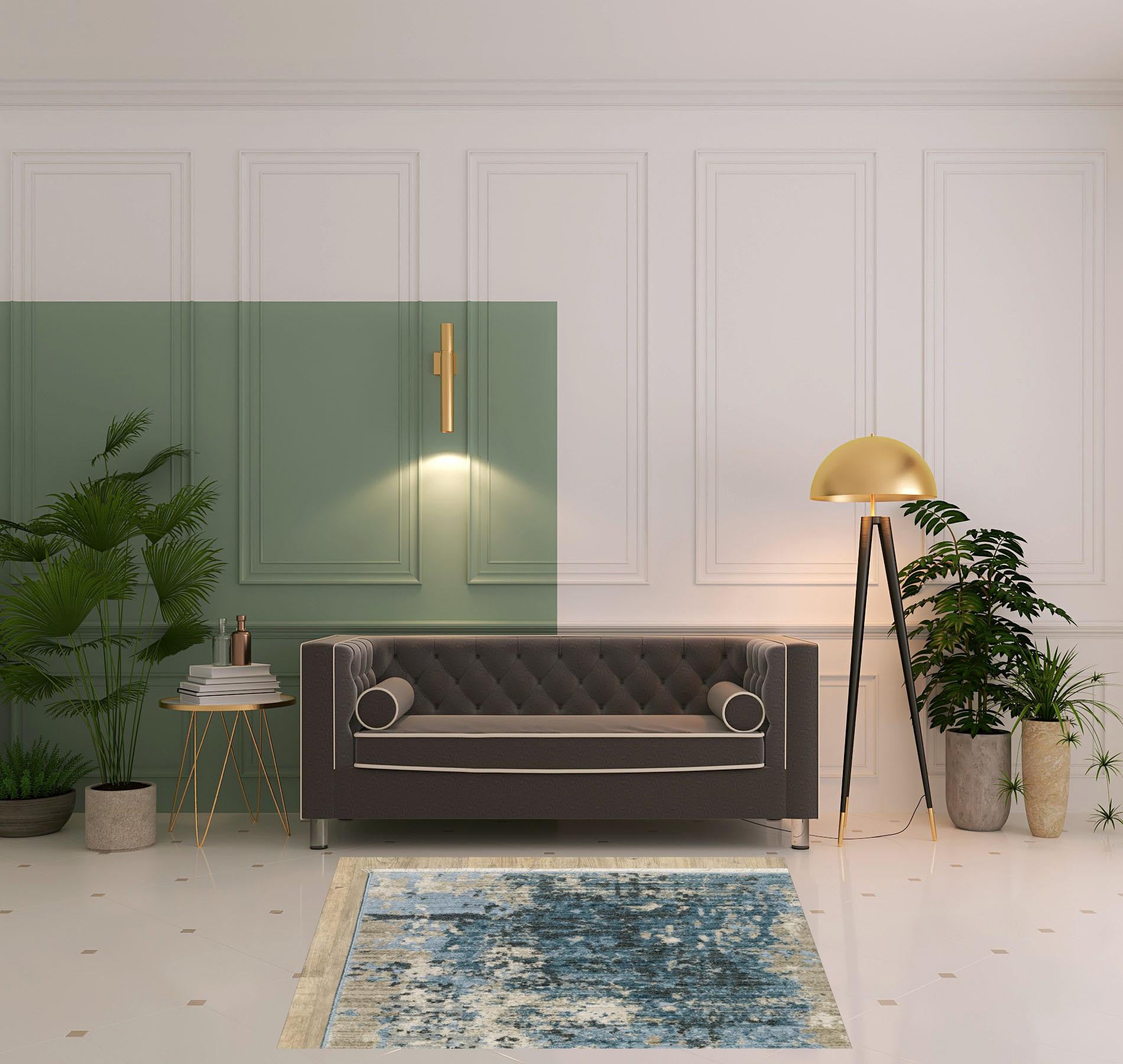 4' X 6' Blue Grey Ivory Light Blue And Dark Blue Abstract Power Loom Stain Resistant Area Rug With Fringe