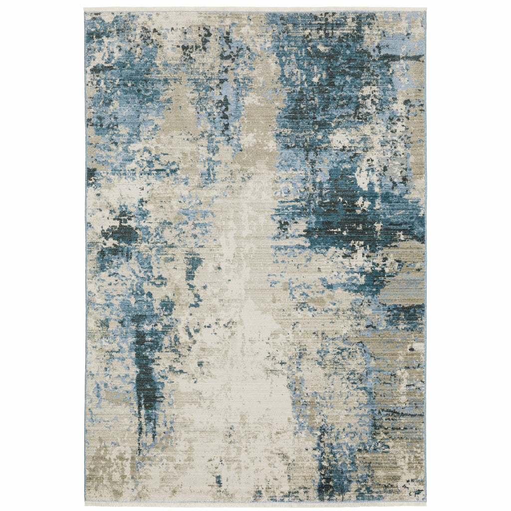 8' X 11' Blue Grey Ivory Light Blue And Dark Blue Abstract Power Loom Stain Resistant Area Rug With Fringe