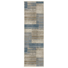 8' Blue Dark Blue Teal Grey Ivory Beige And Tan Geometric Power Loom Runner Rug With Fringe