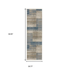 8' Blue Dark Blue Teal Grey Ivory Beige And Tan Geometric Power Loom Runner Rug With Fringe