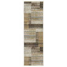 8' Beige Charcoal Brown Grey Tan Gold And Blue Geometric Power Loom Runner Rug With Fringe