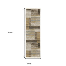 8' Beige Charcoal Brown Grey Tan Gold And Blue Geometric Power Loom Runner Rug With Fringe