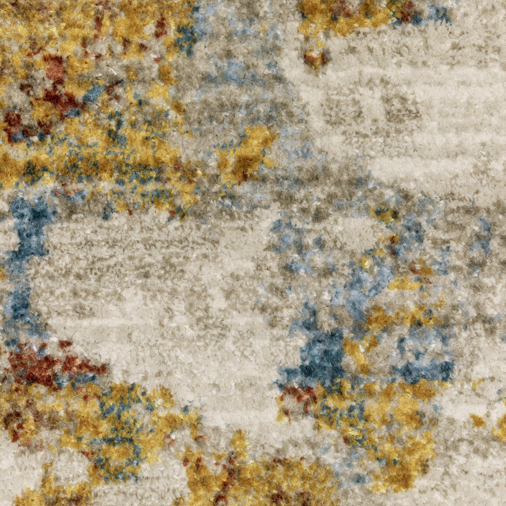 5' X 8' Beige Grey Gold Blue Rust And Teal Abstract Power Loom Stain Resistant Area Rug With Fringe