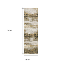 8' Grey Gold Black Charcoal And Beige Abstract Power Loom Runner Rug With Fringe