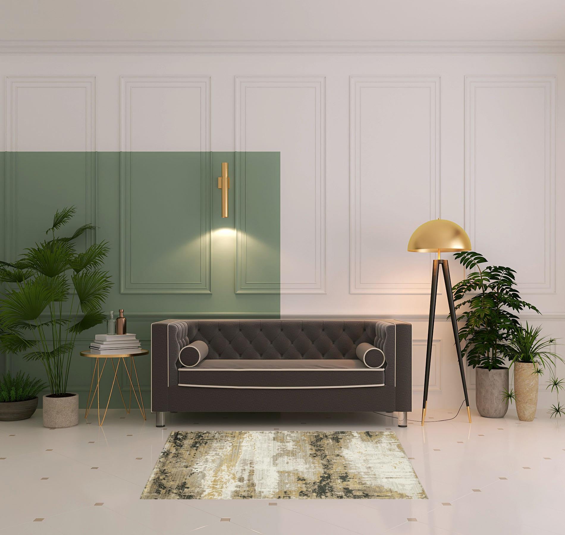 4' X 6' Grey Gold Black Charcoal And Beige Abstract Power Loom Stain Resistant Area Rug With Fringe